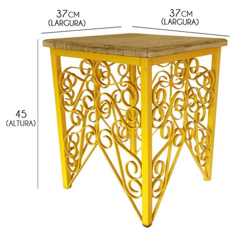 Mesa de Canto de Ferro e Madeira de Demolição Rústica Artesanal para Quarto - Amarelo