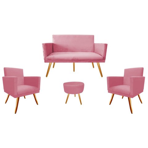 Kit Namoradeira + 2 Poltronas Decorativa Nina + Puff Redondo Suede Rosa Pés Madeira Mz Decor