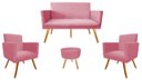 Ver imagem 1 de Kit Namoradeira + 2 Poltronas Decorativa Nina + Puff Redondo Suede Rosa Pés Madeira Mz Decor