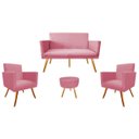 Ver imagem 1 de Kit Namoradeira + 2 Poltronas Decorativa Nina + Puff Redondo Suede Rosa Pés Madeira Mz Decor