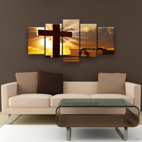 Quadro Decorativo Cruz Terço e Túmulo 129x61 5pc Sala - 1