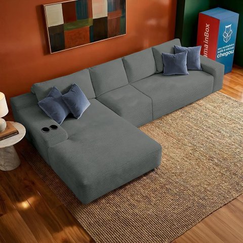 Sofá Evo 3,40m Molas Ensacadas com Chaise Lounge Esquerda Velourê Cinza Escuro Cama Inbox