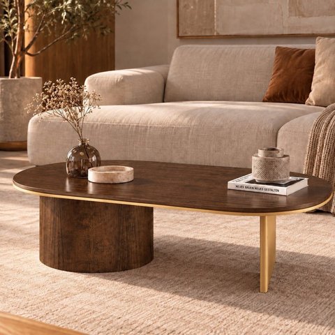 Mesa de Centro Oval Aurora 137 cm Castanho/Gold