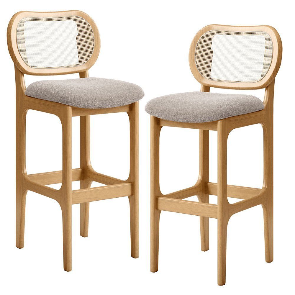 Kit 02 Banquetas Altas Para Cozinha Bancada Sala Tela Betta Fixa L02 Bouclê Bege - Lyam Decor