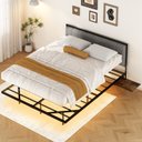 Ver imagem 2 de Cama Casal com Cabeceira Estofada e Mesas Laterais 148 cm Estrutura em Aço Preto e Carregamento USB