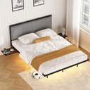 Ver imagem 1 de Cama Casal com Cabeceira Estofada e Mesas Laterais 148 cm Estrutura em Aço Preto e Carregamento USB