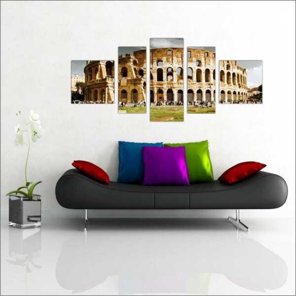 Quadro Decorativo Cidade Roma Coliseu Itália Salas Interiores Mosaico 5 Peças Com Moldura - 1