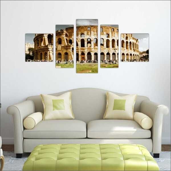 Quadro Decorativo Cidade Roma Coliseu Itália Salas Interiores Mosaico 5 Peças Com Moldura - 3