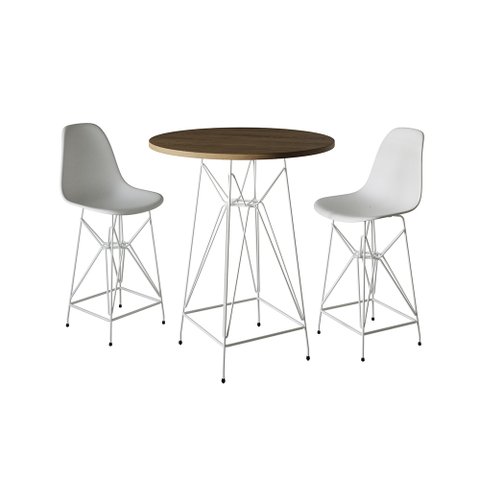 Jogo Mesa Bistrô Eames Tampo Amêndoa 60cm 2 Banquetas Branca Base Ferro Branco