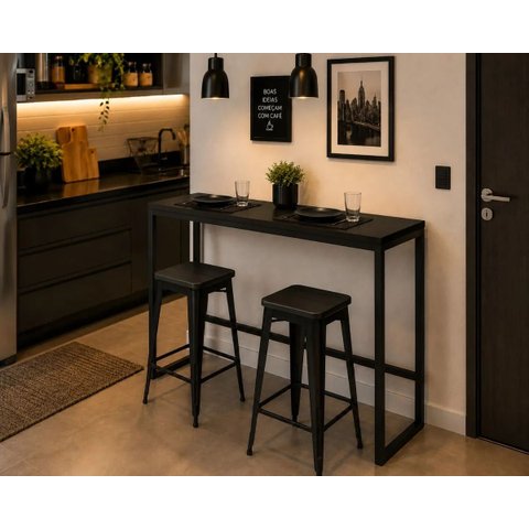 Mesa Jantar Aparador Bancada Alta Industrial 160x30cm Tampo Preto Pés Preto