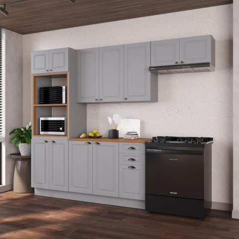 Armário de Cozinha Modulada Compacta Fidelitá Nara 100% MDF 4 Peças 270cm 12 Portas 2 Gavetas com