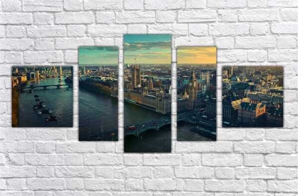 Quadro Decorativo Cidade Inglaterra Londres Salas Interiores Mosaico 5 Peças Com Moldura - 4