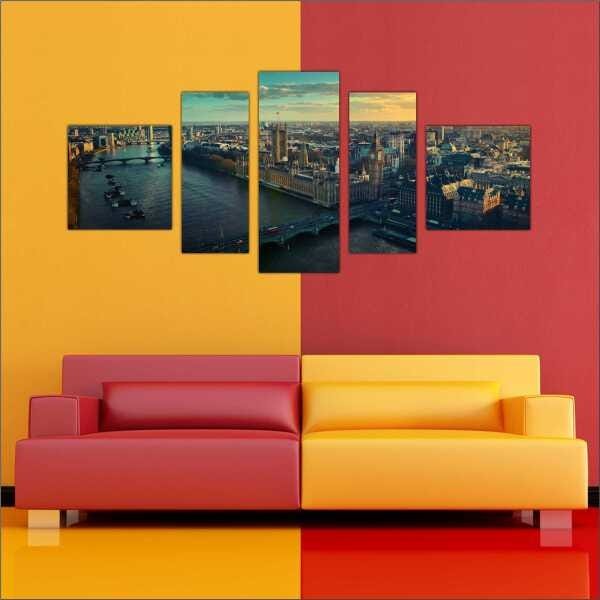 Quadro Decorativo Cidade Inglaterra Londres Salas Interiores Mosaico 5 Peças Com Moldura - 3