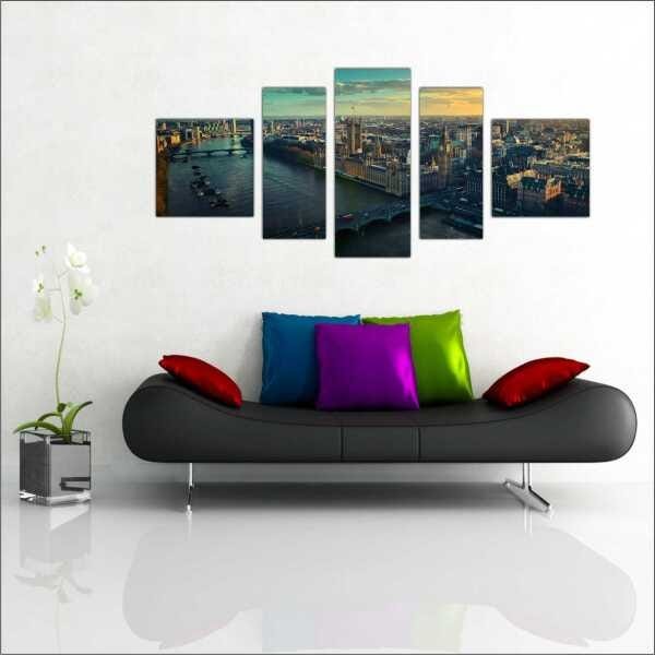 Quadro Decorativo Cidade Inglaterra Londres Salas Interiores Mosaico 5 Peças Com Moldura - 1
