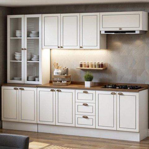 Cozinha Completa 5 Peças Americana 12 Portas 3 Gavetas MDF 280cm Branco com Ebano Genialflex Mó