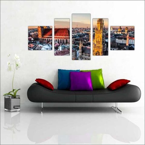 Quadro Decorativo Cidade Alemanha País Salas Interiores Mosaico 5 Peças Com Moldura