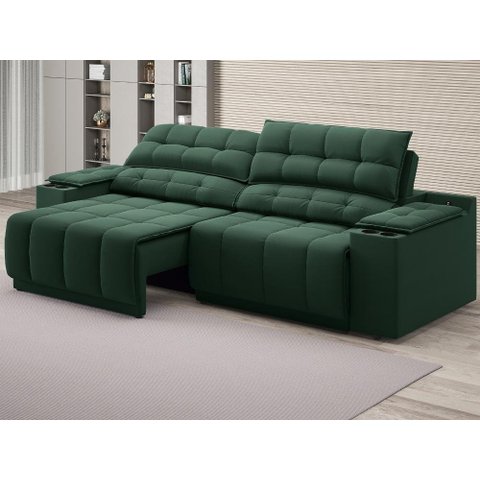 Sofá com Porta Copos Carregador Usb Ret Rec Samurai 2,30m Velosuede Verde - Netsofas
