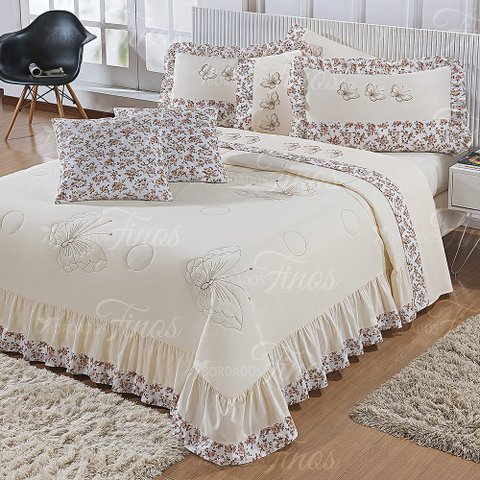 Kit Cobre Leito Bordado Naturalle Casal Super King 07 Peças - Palha