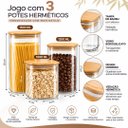 Ver imagem 3 de Conjunto Porta Mantimento 3 Potes Herméticos Vidro Borossilicato Tampa Bambu 19cm, 15cm e 12cm