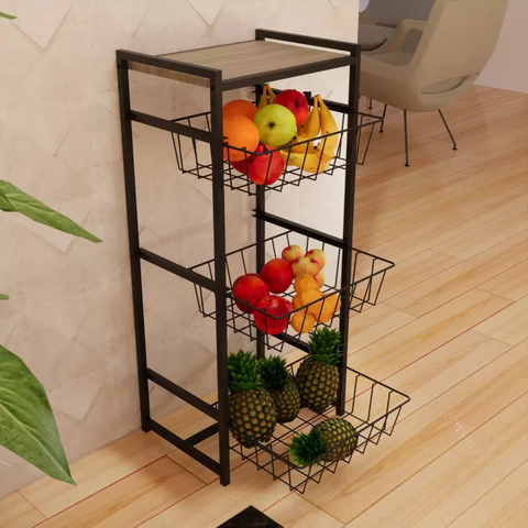 Fruteira 3 Cestos Cozinha Preto em Aço Tampo Amadeirado Ref5