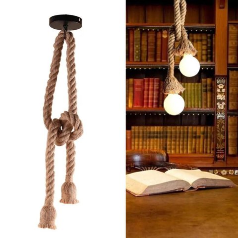 Pendente Rústico Corda Sisal 1,60m Bocal Duplo com Canopla