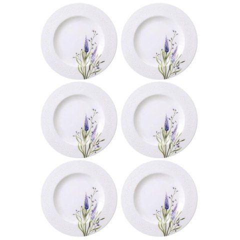 Jogo 6 Pratos Sobremesa 21cm em Porcelana Tramontina Pratinho Servir Doces Tortas Decorado Lilla