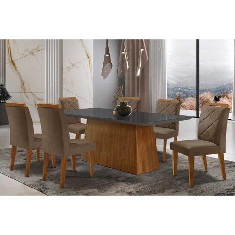Sala de Jantar Completa Luna Tampo Madeirado C/ Vidro Curvo 180x90 e 6 Cadeiras Melissa Imbuia -