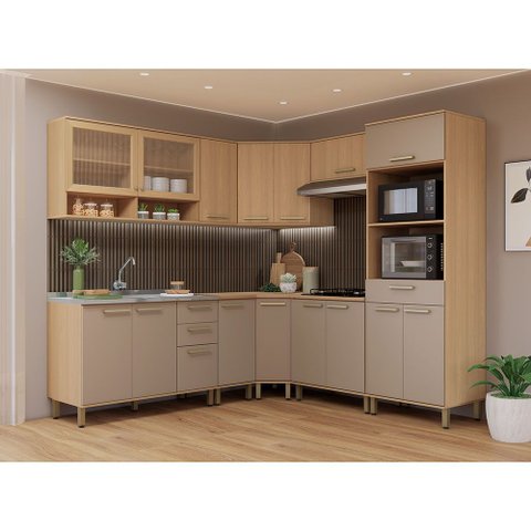Cozinha Completa de Canto 100 Mdf 9 Peças Espaço Forno e Micro-ondas 458cm Duna Luciane Móveis