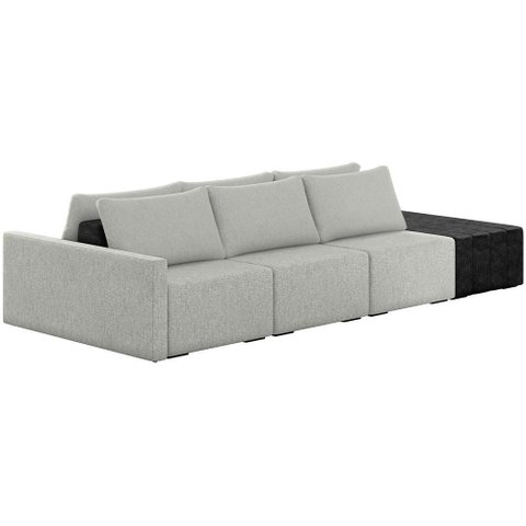 Sofá Ilha Modular para Sala 312cm com Puff Dublin K01 Linho Cinza e Sintético Preto - Lyam Decor