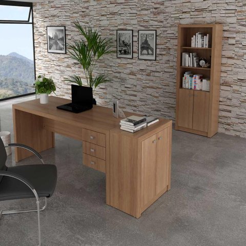 Kit Escritório com 1 Mesa Balcão 2 Portas e Estante 3 Nichos Cor:amêndoa