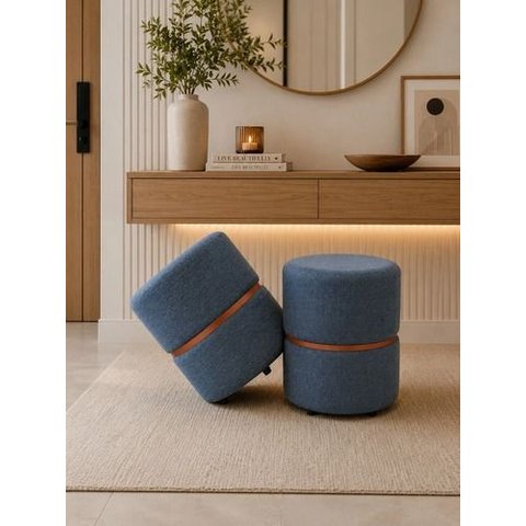 Kit de Puff Cinta no Meio Cobre Fosco, Cor Azul Linho - Let Móveis