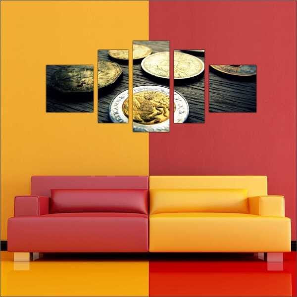 Quadro Decorativo Dinheiro Finanças Comercial Salas Interiores Mosaico 5 Peças Com Moldura - 3