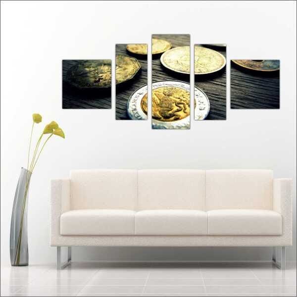 Quadro Decorativo Dinheiro Finanças Comercial Salas Interiores Mosaico 5 Peças Com Moldura - 1
