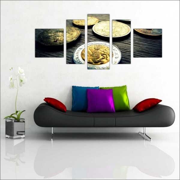 Quadro Decorativo Dinheiro Finanças Comercial Salas Interiores Mosaico 5 Peças Com Moldura - 4