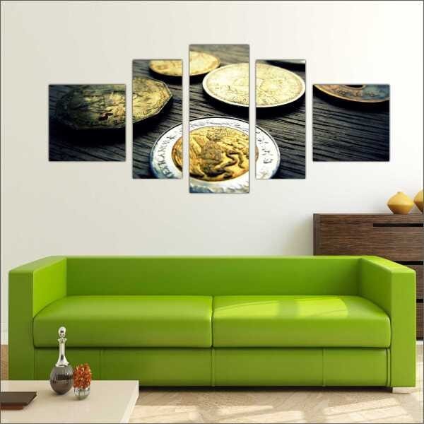 Quadro Decorativo Dinheiro Finanças Comercial Salas Interiores Mosaico 5 Peças Com Moldura - 2