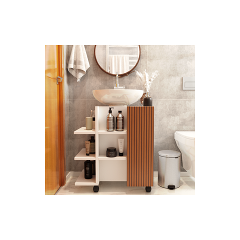 Gabinete Banheiro Classic com Porta e Prateleiras para Pia de Coluna - Branco/ripado