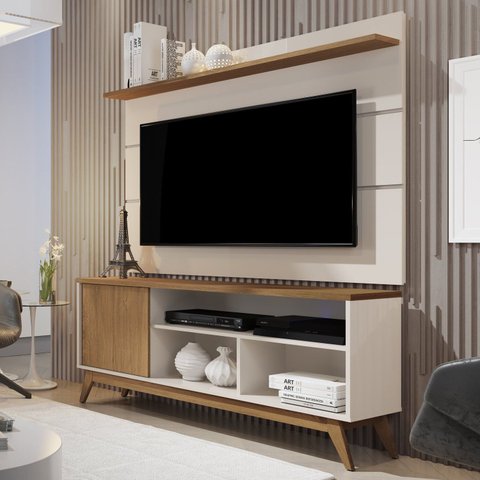 Rack com Painel Retrô para TV até 60 Polegadas MDF 136CMX133CM Pés em Madeira Maciça Malbec Wood