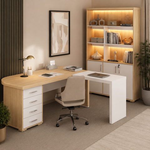 Conjunto Escritório Artany: Mesa c/ Extensor e Estante
