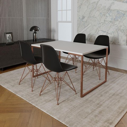 Mesa Industrial Base Ferro Cobre 137x90 Tampo Branco 4 Cadeiras Eiffel Ferro Cobre Assento Preto