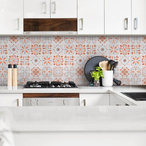 Adesivo de Azulejo Hidráulico Cinza e Laranja Arte Destaque