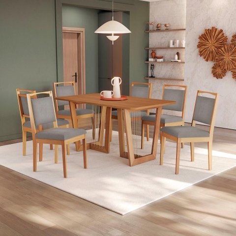 Conjunto Sala de Jantar Lina em Madeira Maciça 6 Cadeiras Boucle Cinza