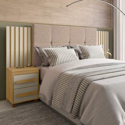 Cabeceira Casal Extensível com 2 Mesas de Apoio Ripado e Estofado Cinamomo com Off White Suíça - Rv - 1