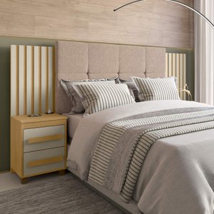 Cabeceira Casal Extensível com 2 Mesas de Apoio Ripado e Estofado Cinamomo com Off White Suíça - Rv