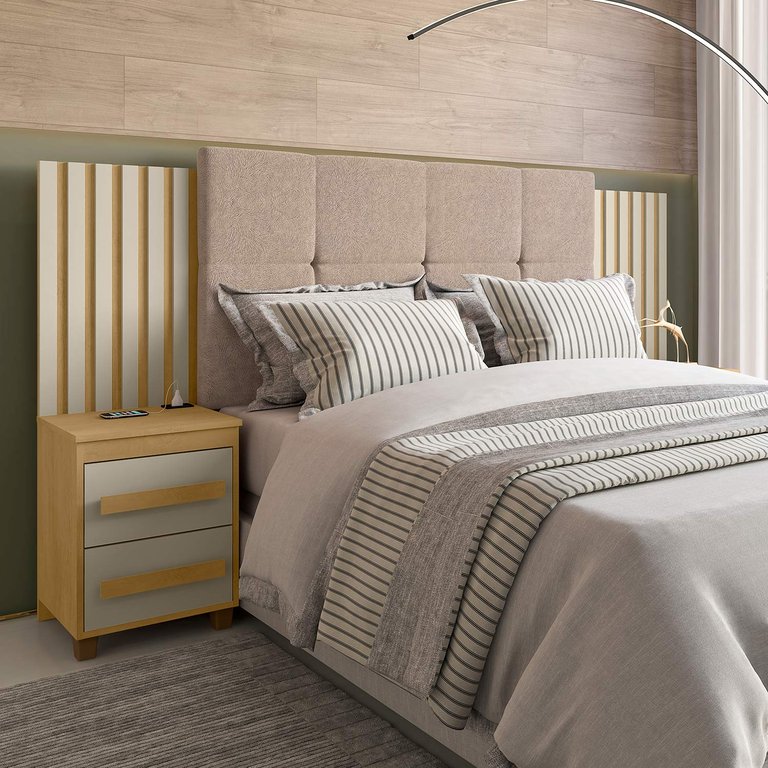 Cabeceira Casal Extensível com 2 Mesas de Apoio Ripado e Estofado Cinamomo com Off White Suíça - Rv Cabeceira Casal Extensível com 2 Mesas de Apoio Ripado e Estofado Cinamomo com Off White Suíça - Rv