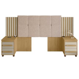 Cabeceira Casal Extensível com 2 Mesas de Apoio Ripado e Estofado Cinamomo com Off White Suíça - Rv - 2