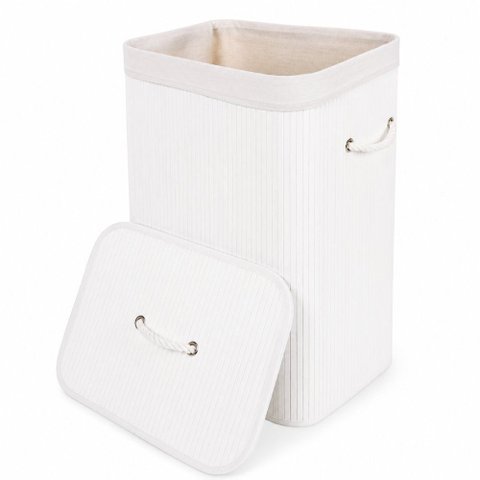 Cesto de Bambu com Alças e Tampa 70l- Branco