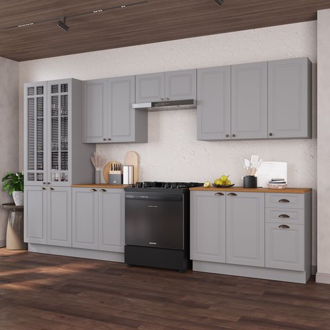 Cozinha Modulada 6 Peças 1 Cristaleira com Vidro 2 Balcão com Tampo 3 Aéreos 100% MDF com Rodapé Bari Cinza/Titânio Fosco
