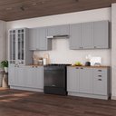 Ver imagem 1 de Cozinha Modulada 6 Peças 1 Cristaleira com Vidro 2 Balcão com Tampo 3 Aéreos 100% MDF com Rodapé Bari Cinza/Titânio Fosco