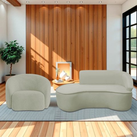 Kit Divã Recamier Orgânico Marrocos 200cm Lado Esquerdo e 1 Poltronas Amore Bouclé Verde Oliva