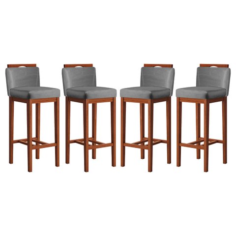Kit 4 Banquetas Média para Bancada Ilha 38x92 Cm Líbia Madeira Maciça Suede Cinza CCS